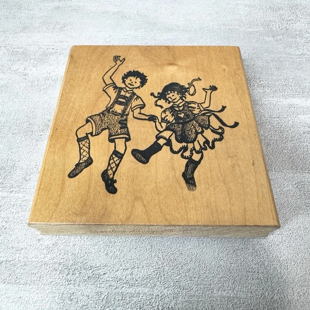 Vintage 1997 Wood Mounted Rubber Stamp German Folk Art Dancing Children Boy Girl
